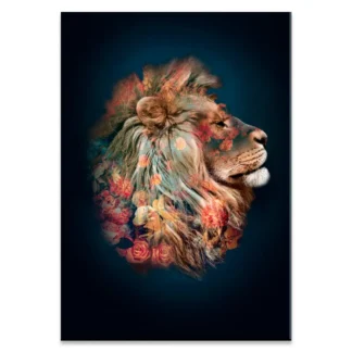 Løve Canvas - Stort billede af løve med blomster.