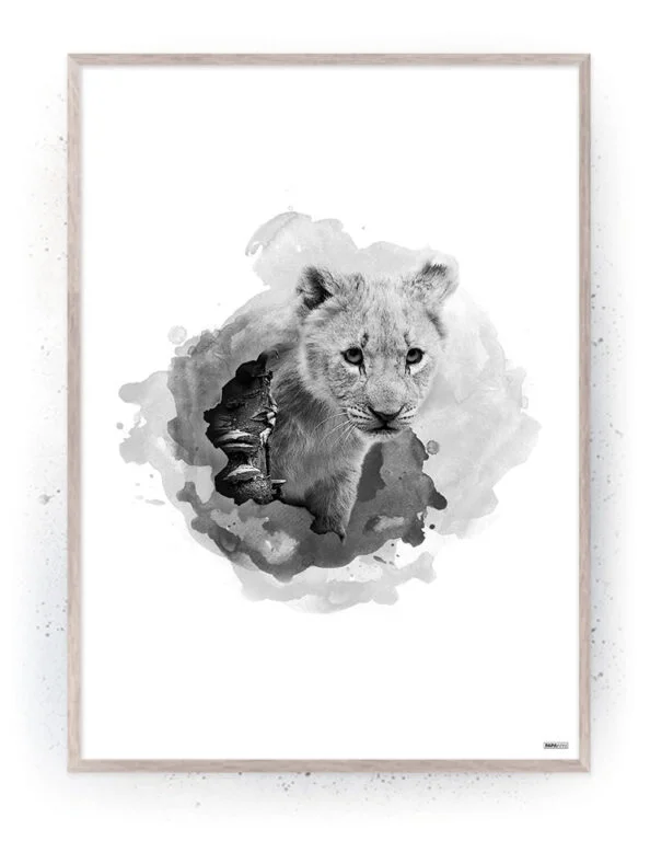 Løveunge (Sort/Hvid) (Stort billede – plakat / lærredsprint) – PAPAPAPA ...