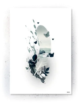 Plakat / lærredsprint med fjer, sommerfugle, hav og strand