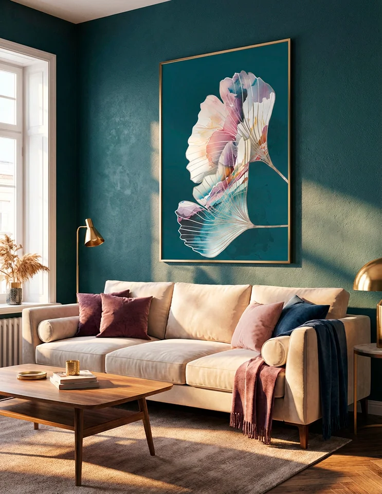 Ginko Biloba (Abstrakt kunst). Moderne pastel farver. Køb som plakat eller lærredsprint.