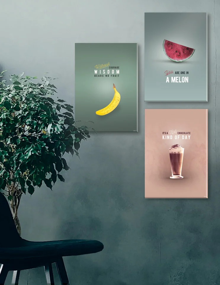 Plakatsæt med køkken motiver, banan, melon og chokolade