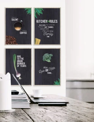 Plakatsæt med køkken motiver, kaffe, køkken regler, løg og broccoli