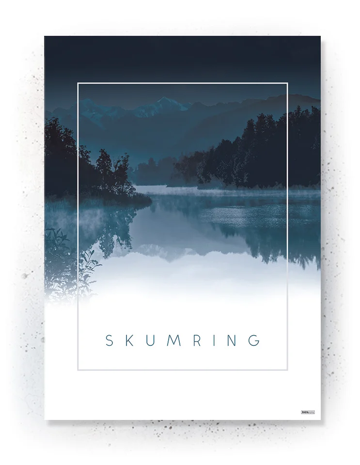 Plakat / lærredsprint med skov og sø i blå farver