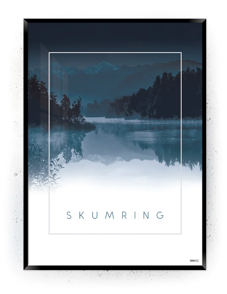 Plakat / lærredsprint med skov og sø i blå farver