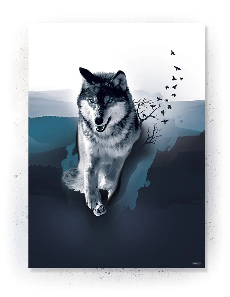 Plakat / Lærredsprint med ulv og fugle