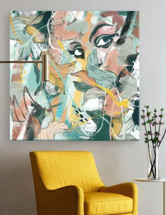 Plakat / lærredsprint med kvindeøjne, blomster og blade