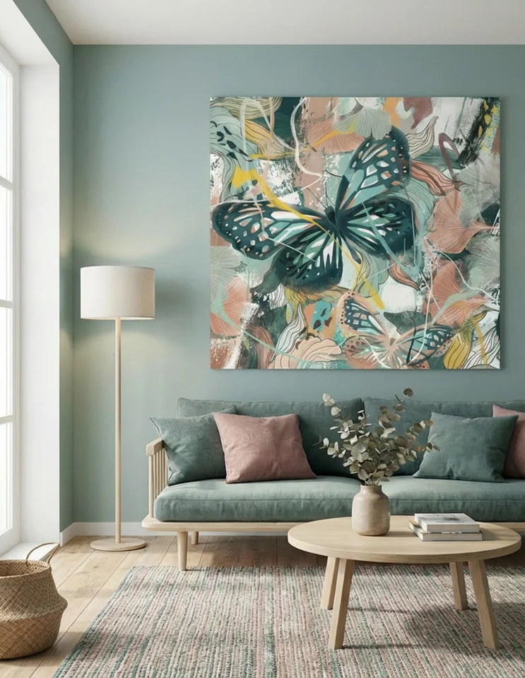 Farverig plakat / lærredsprint - Sommerfugle - Gul, rosa, blå, grøn