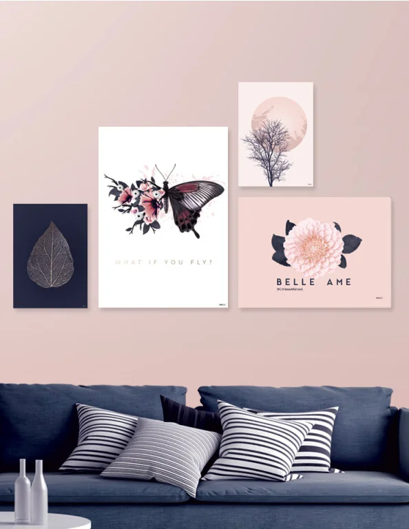 Plakatsæt / Lærredsprint i rosa og mørkeblå farver med blomster og blade