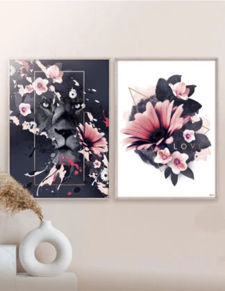 Plakatsæt / Lærredsprint i rosa og mørkeblå farver med blomster og blade