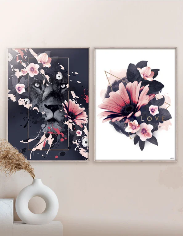 Plakatsæt / Lærredsprint i rosa og mørkeblå farver med blomster og blade