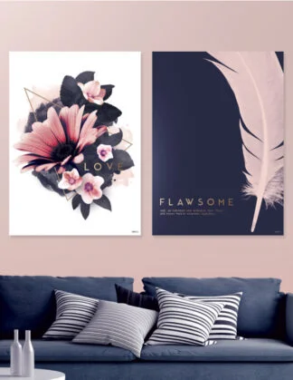 Plakatsæt / Lærredsprint i rosa og mørkeblå farver med blomster og blade