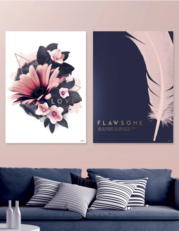 Plakatsæt / Lærredsprint i rosa og mørkeblå farver med blomster og blade