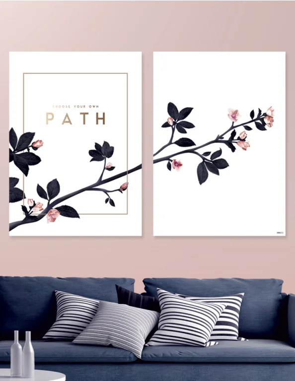 Plakatsæt / Lærredsprint i rosa og mørkeblå farver med blomster og blade